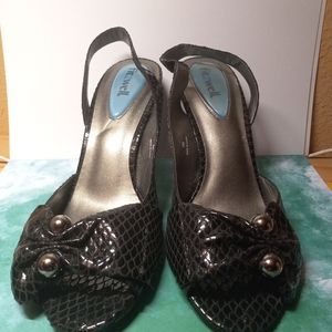 Fitzwell Womens Black Snake Print Patent Pump sling back peek a boo toe 9W
